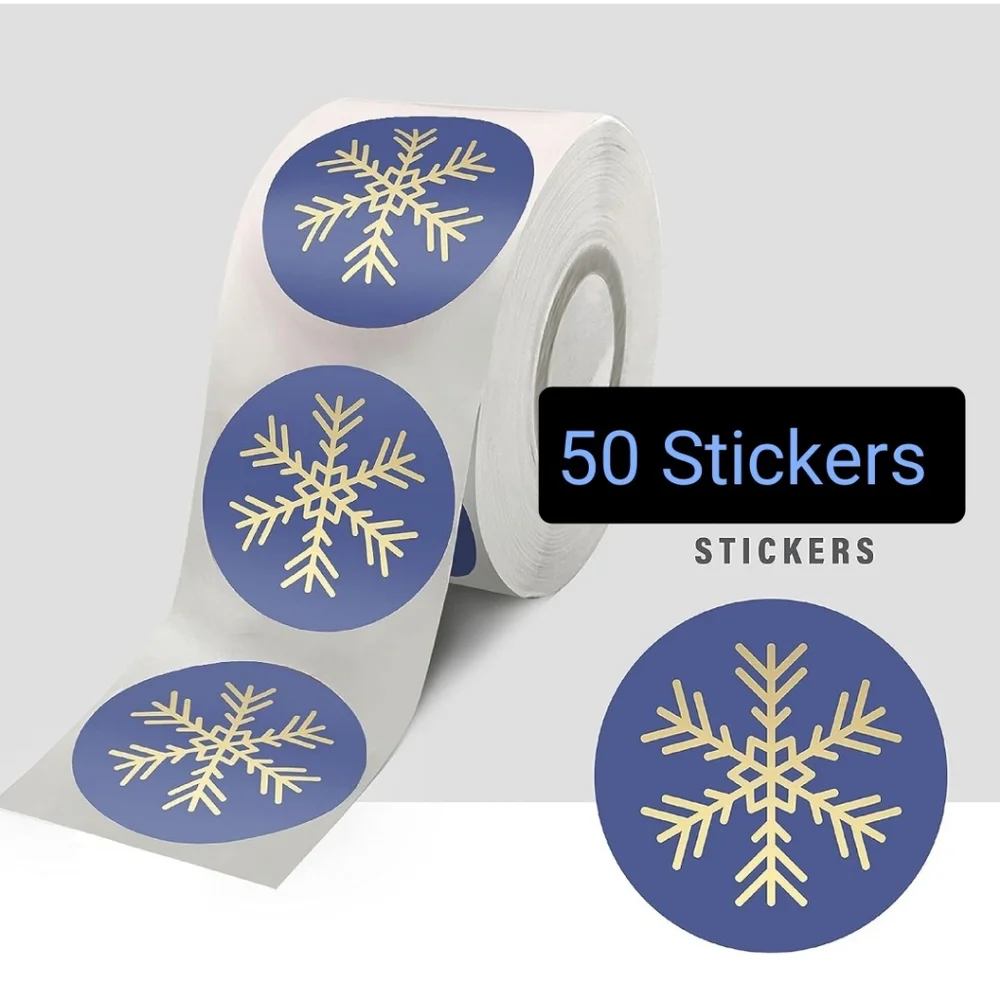 50 ct Easykart Winter Snowflake Stickers. Blue with Gold foil Design